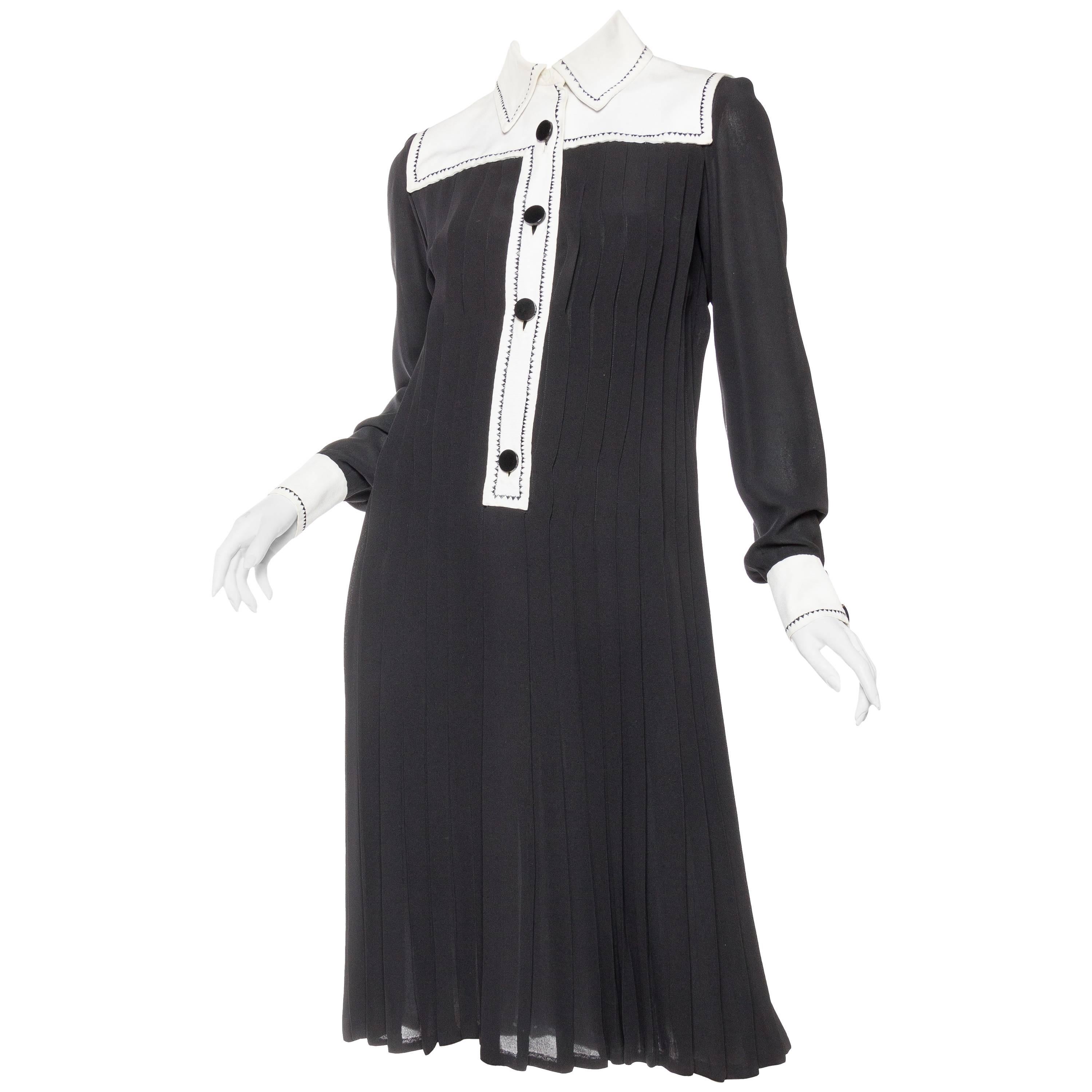 1960S PERTEGAZ COUTURE Black & White Silk Pleated Mod Dress