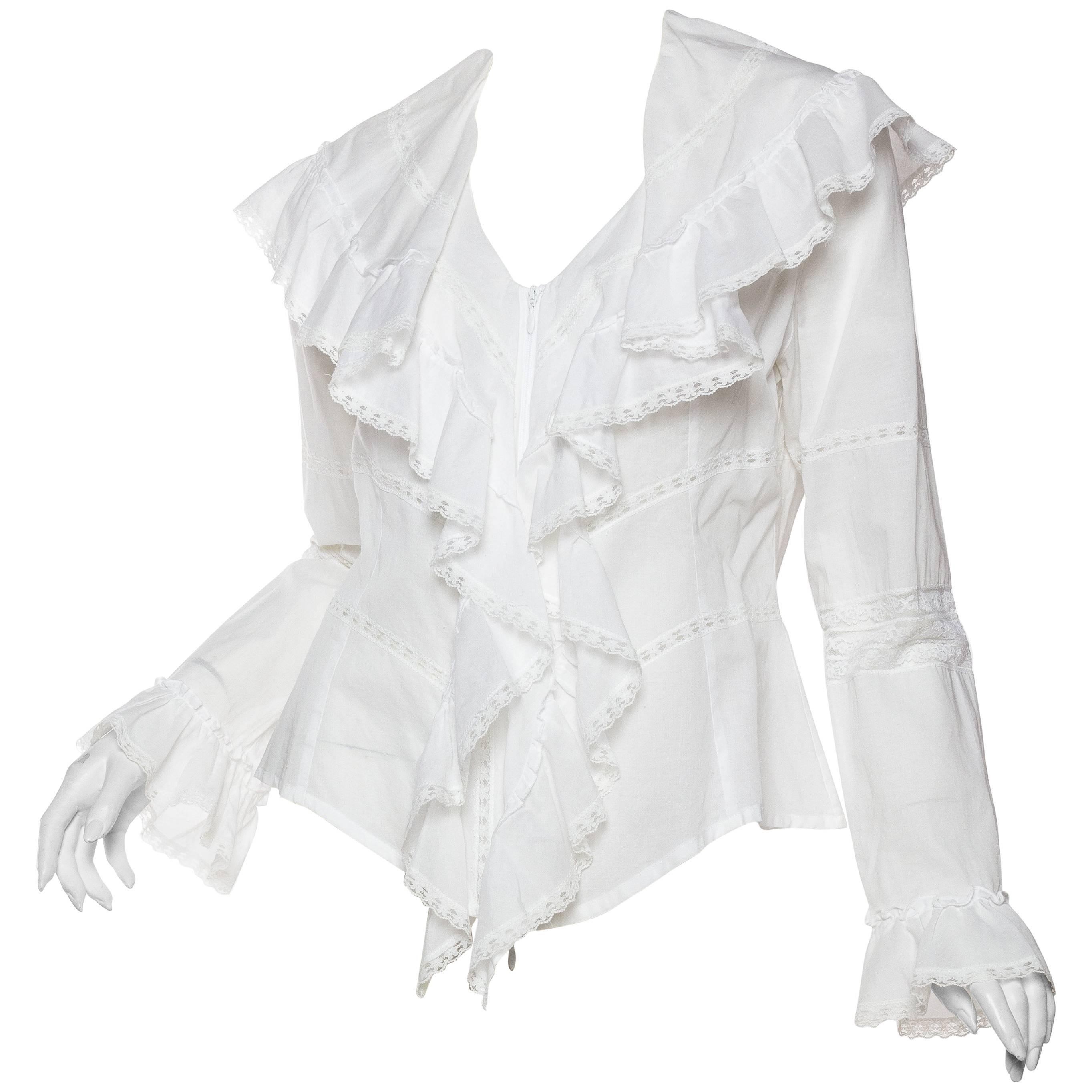 1980S ANNE FONTAINE Cotton & Lace Victorian Ruffled Blouse From Paris