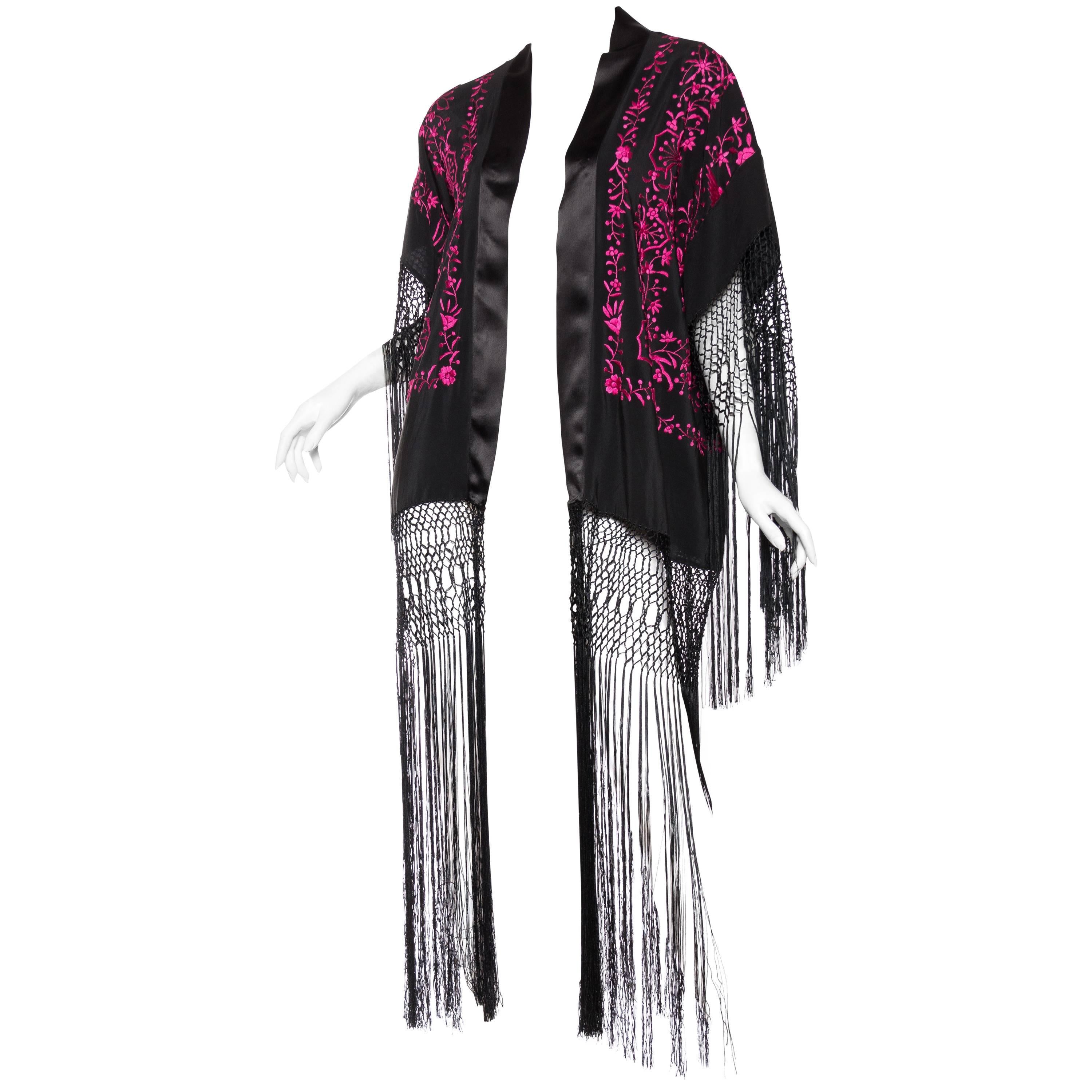 MORPHEW COLLECTION Black & Pink Hand Embroidered Silk Piano Shawl Kimono With F