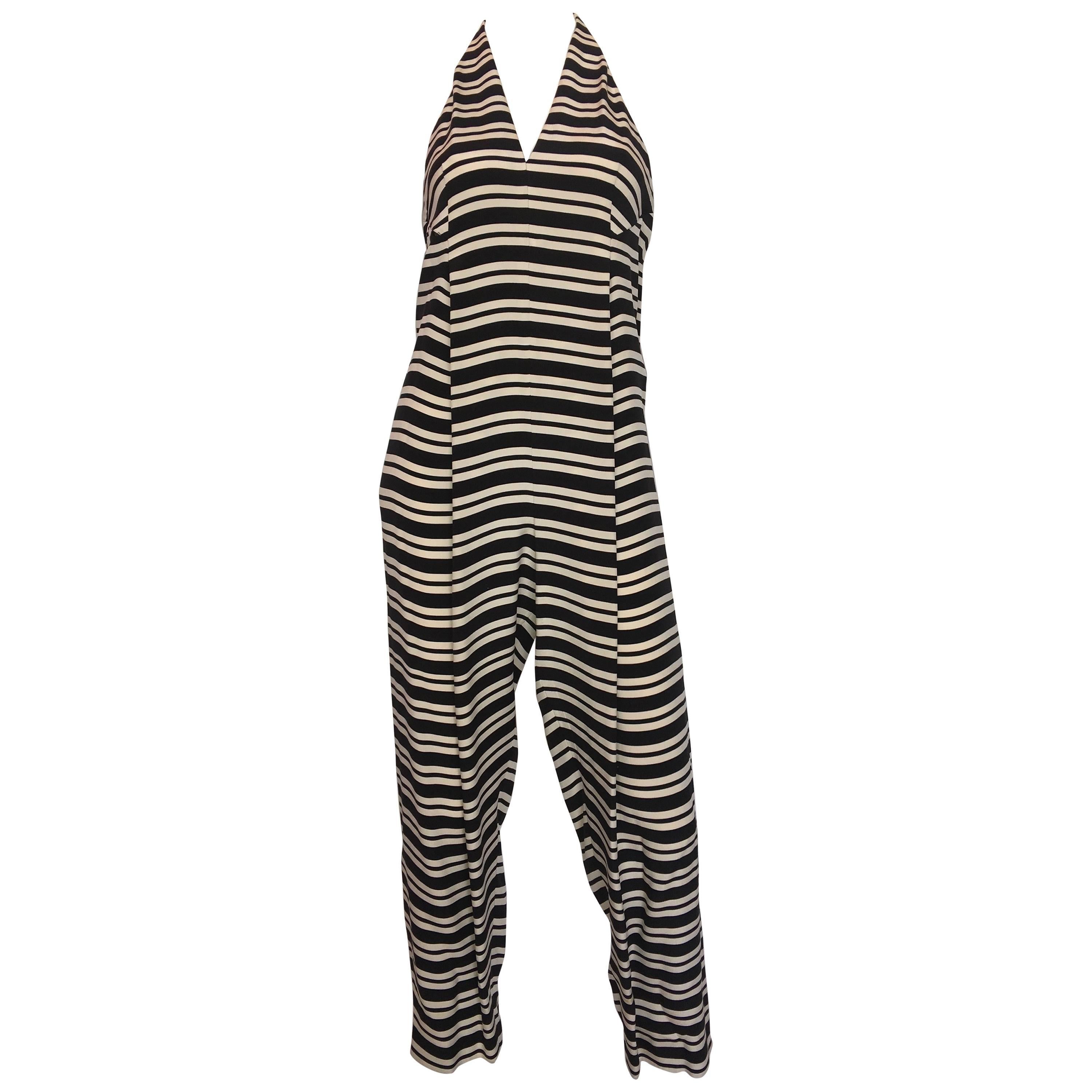 1970s Geoffrey Beene Black & White Striped Halter Neck Jumpsuit For Sale