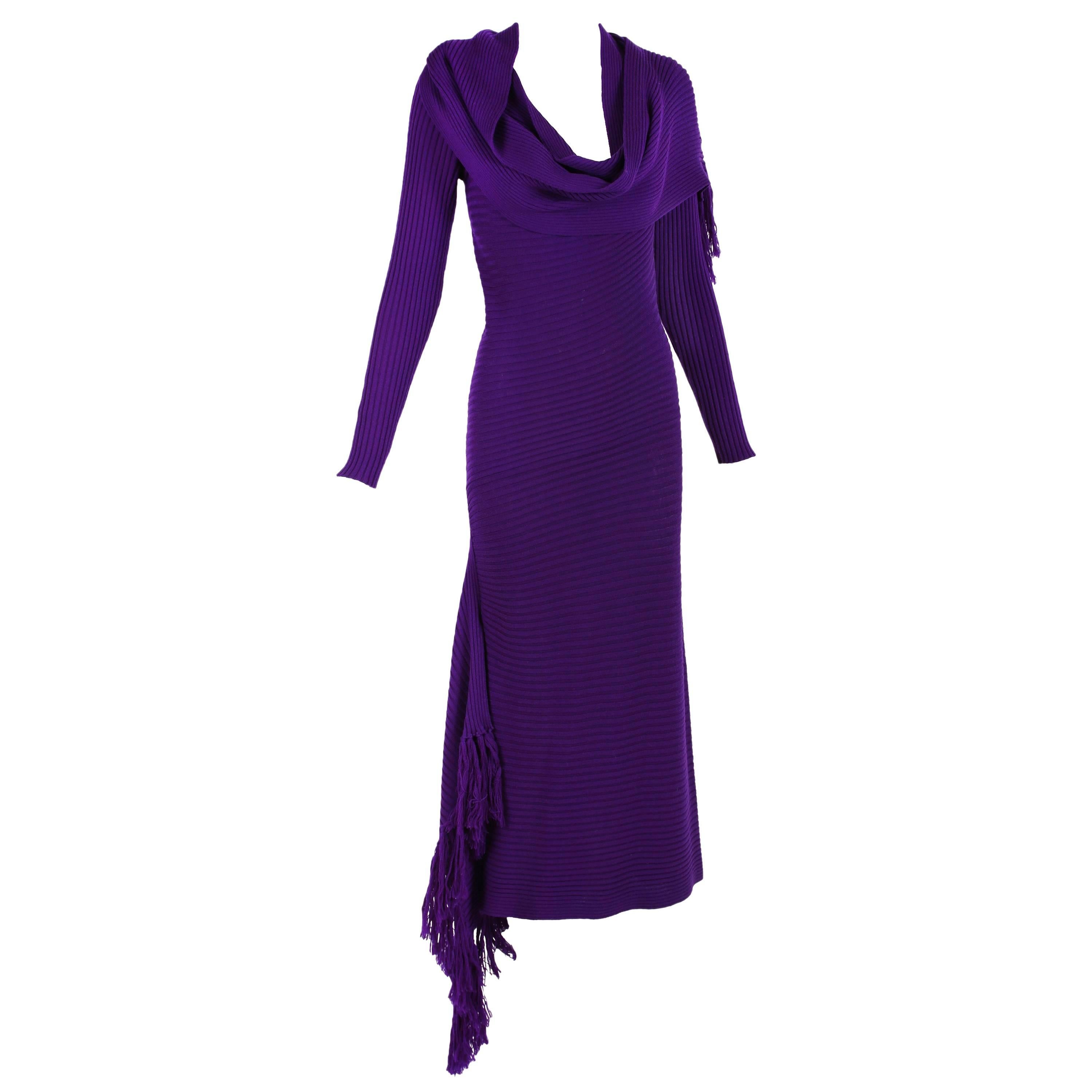 Jean Paul Gaultier Deep Purple Bodycon Dress with Fringed Scarf and Side Slit For Sale