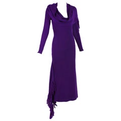 Jean Paul Gaultier - Robe moulante violet foncé avec écharpe à franges et fente latérale