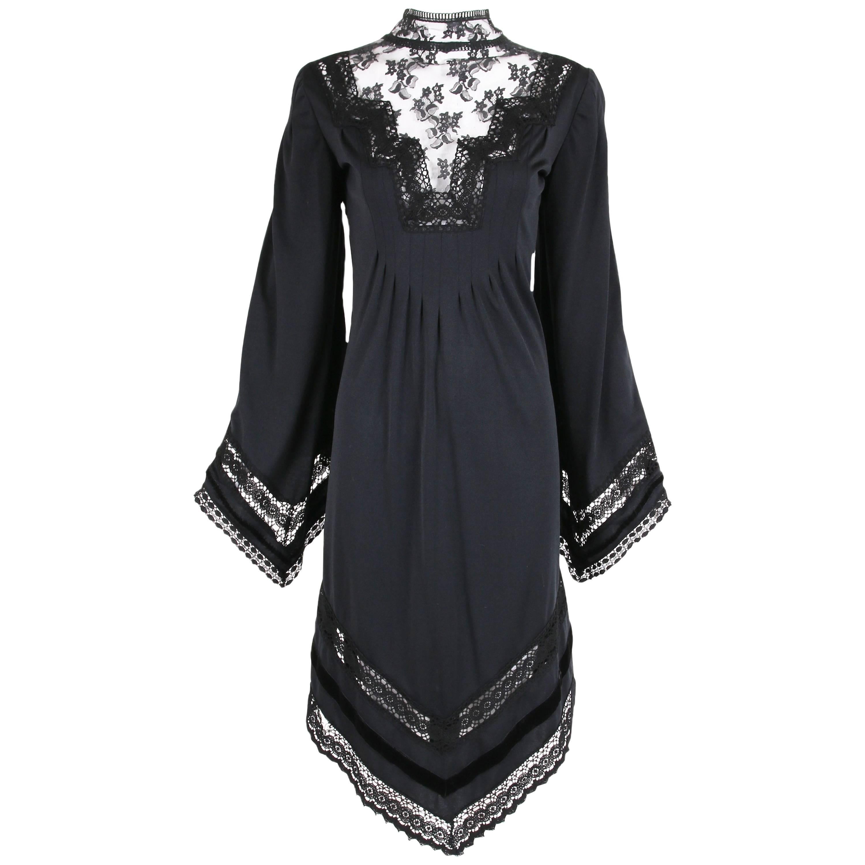 1970s Giorgio di Sant'Angelo Lace Crochet and Velvet Trim Black Jersey Dress 