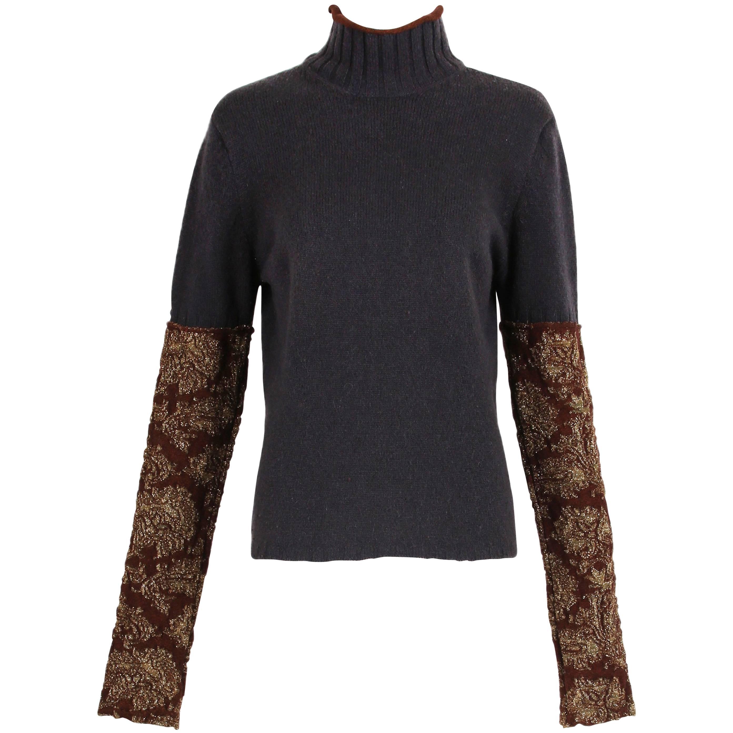 Dries Van Noten Charcoal Grey Wool Mock-Neck Sweater W/Metallic Folate Sleeves For Sale