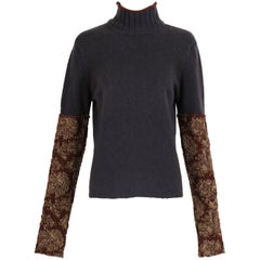 Dries Van Noten Charcoal Grey Wool Mock-Neck Sweater W/Metallic Folate Sleeves