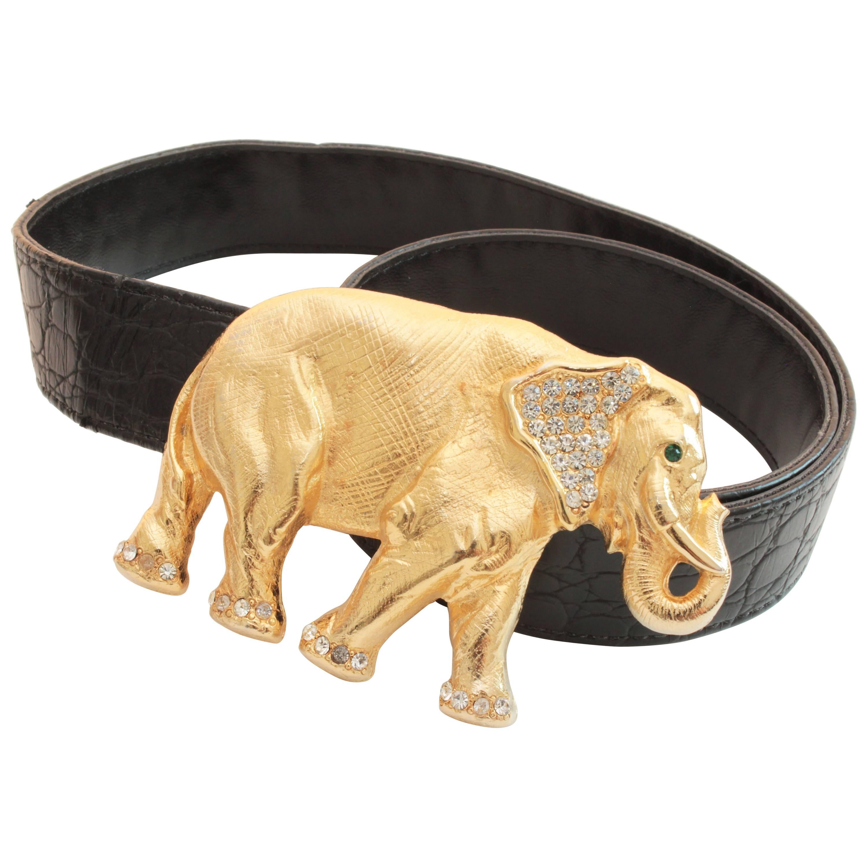 Gold Rhinestone Elephant Buckle + Black Leather Belt Strap Hattie Carnegie Attr