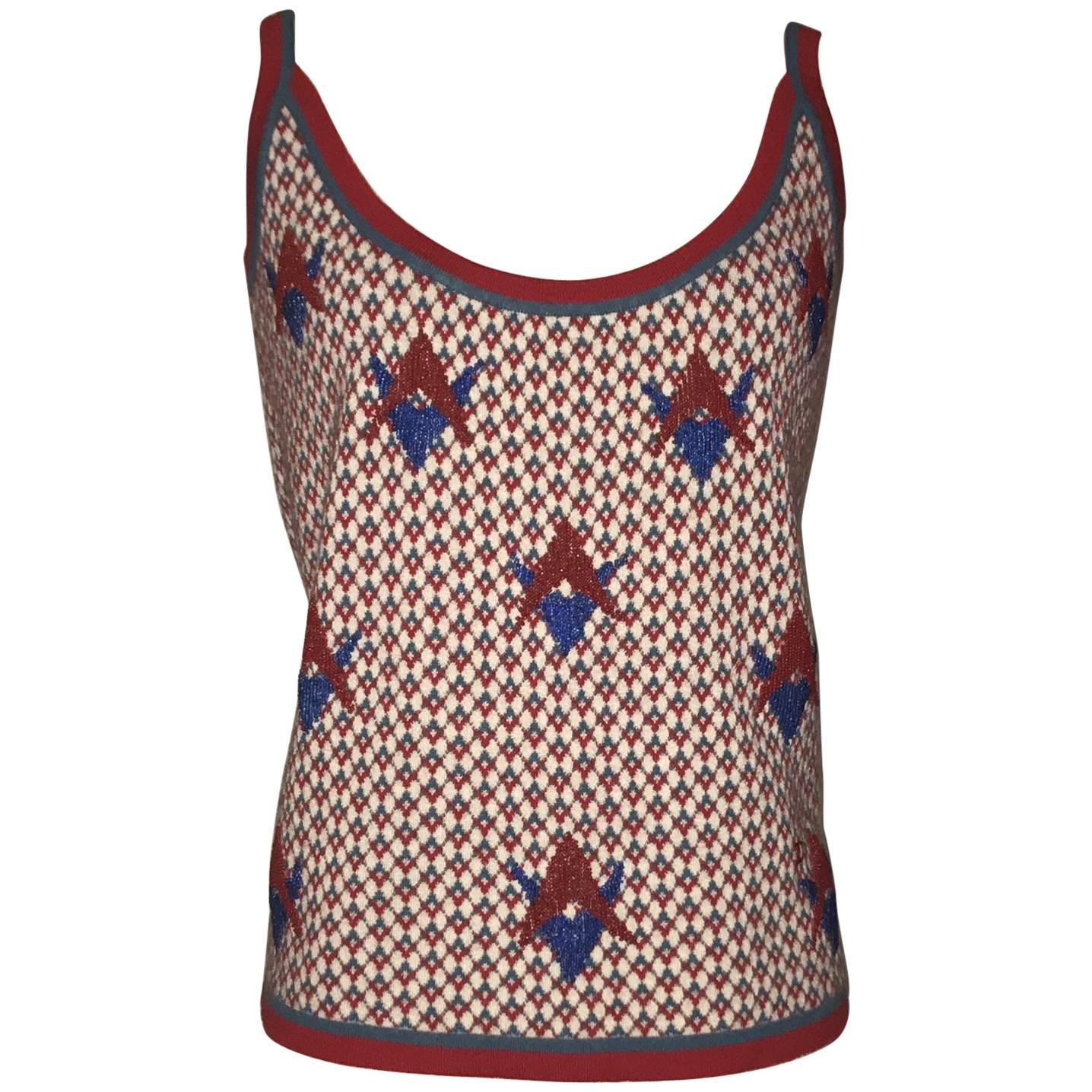 Chanel Red and Blue Beaded Cashmere Tank Top Sweater 