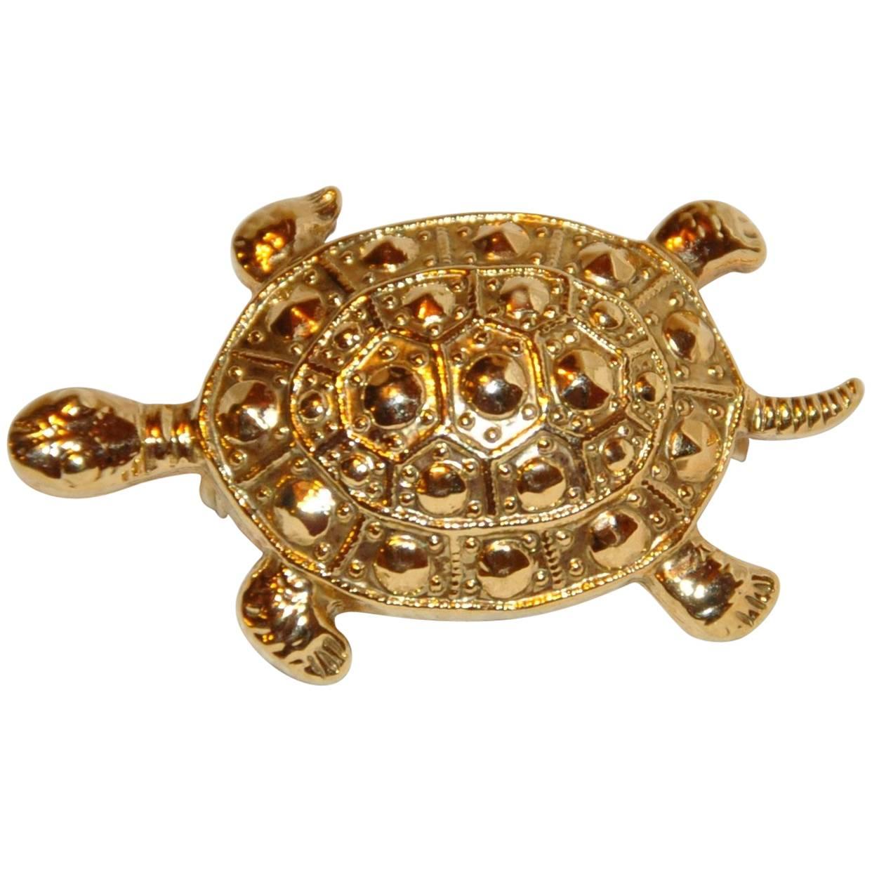 Whimsical Polished gilded gold hardware with detailed etching "Turtle" Brooch
