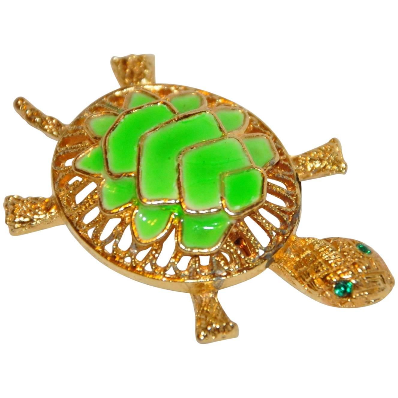 Whimsical Gilded Gold Hardware with Enamel "Turtle" Brooch For Sale