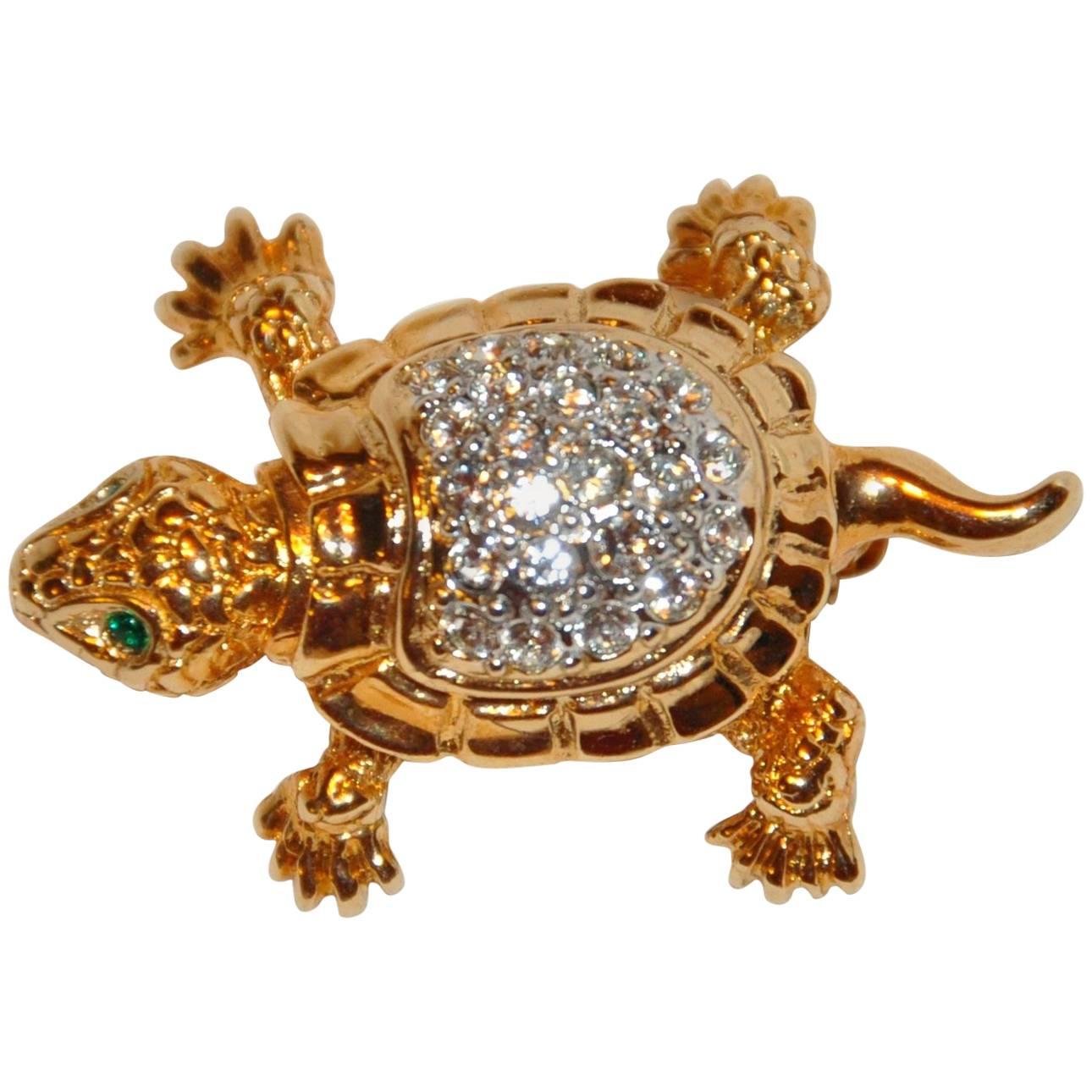 Van Dell Gilded Gold Hardware with Faux Diamond "Turtle" Brooch For Sale