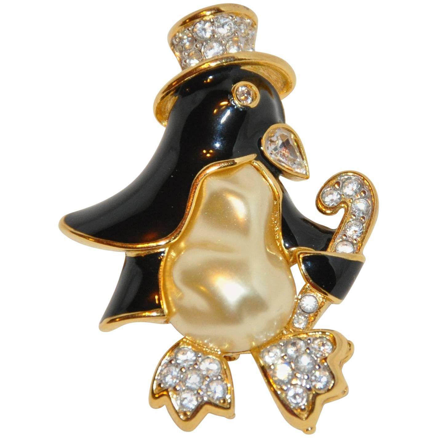 Kenneth Jay Lane Whimsical "Penguin with Top Hat" Brooch