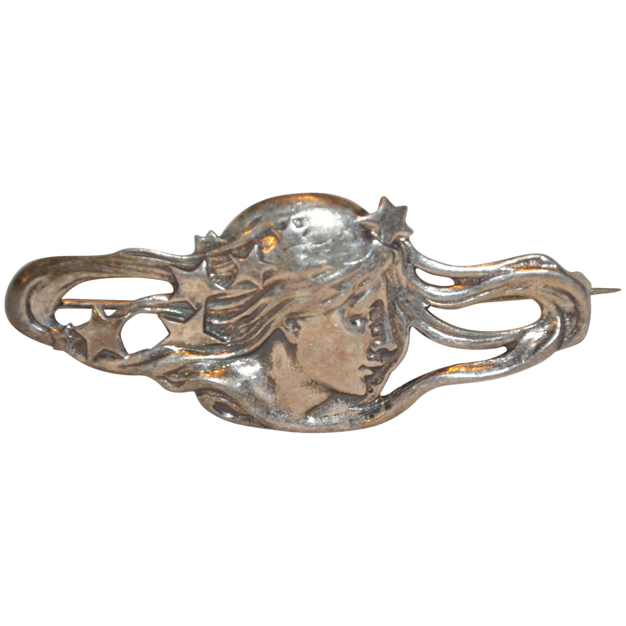 Art Nouveau 925 Sterling "Lady and Stars" Brooch For Sale