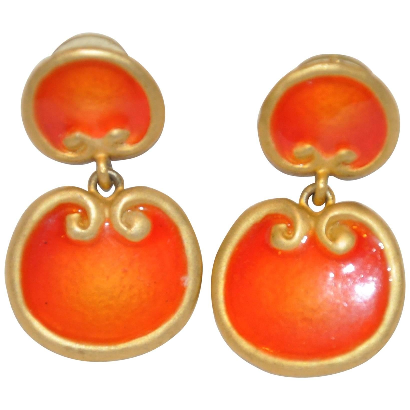 Gilded Gold Vermeil Hardware with Tangerine Enamel Earrings For Sale
