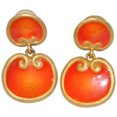 Vintage Gilded Gold Vermeil Hardware with Tangerine Enamel Earrings