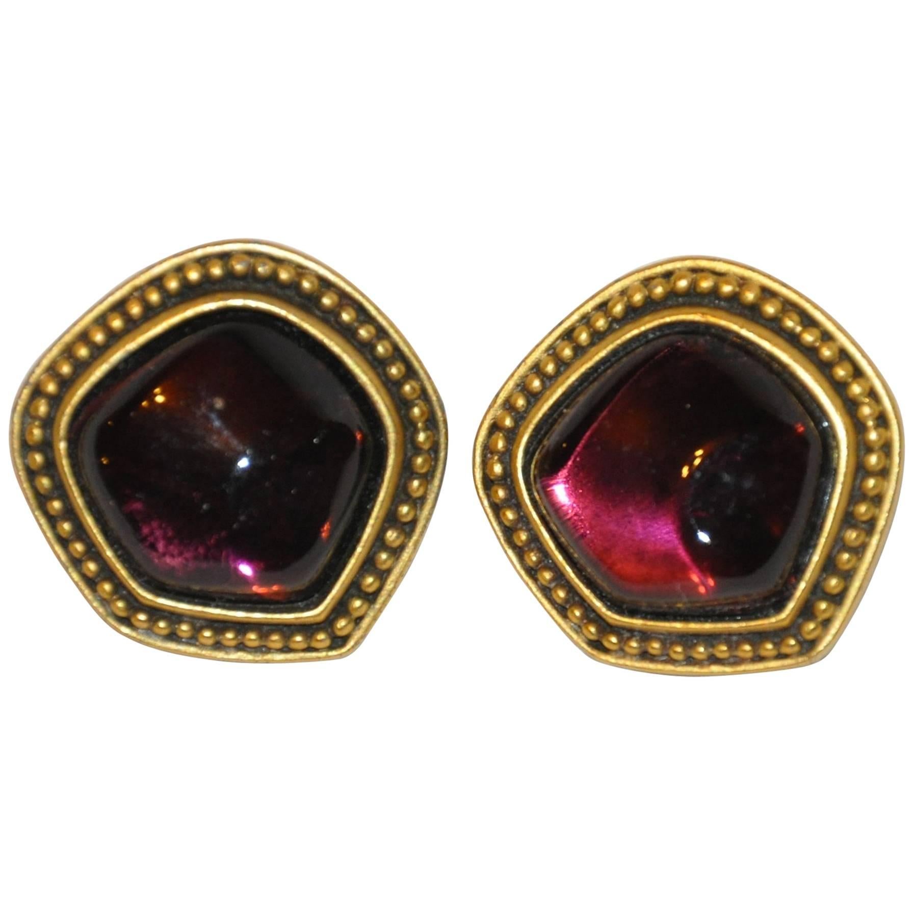 Yves Saint Laurent Plum Pour Glass with Gold Hardware Earrings For Sale