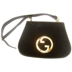 Vintage Gucci Italy Rare Midnight Blue Doeskin Suede Blondie Shoulder Bag c 1970s