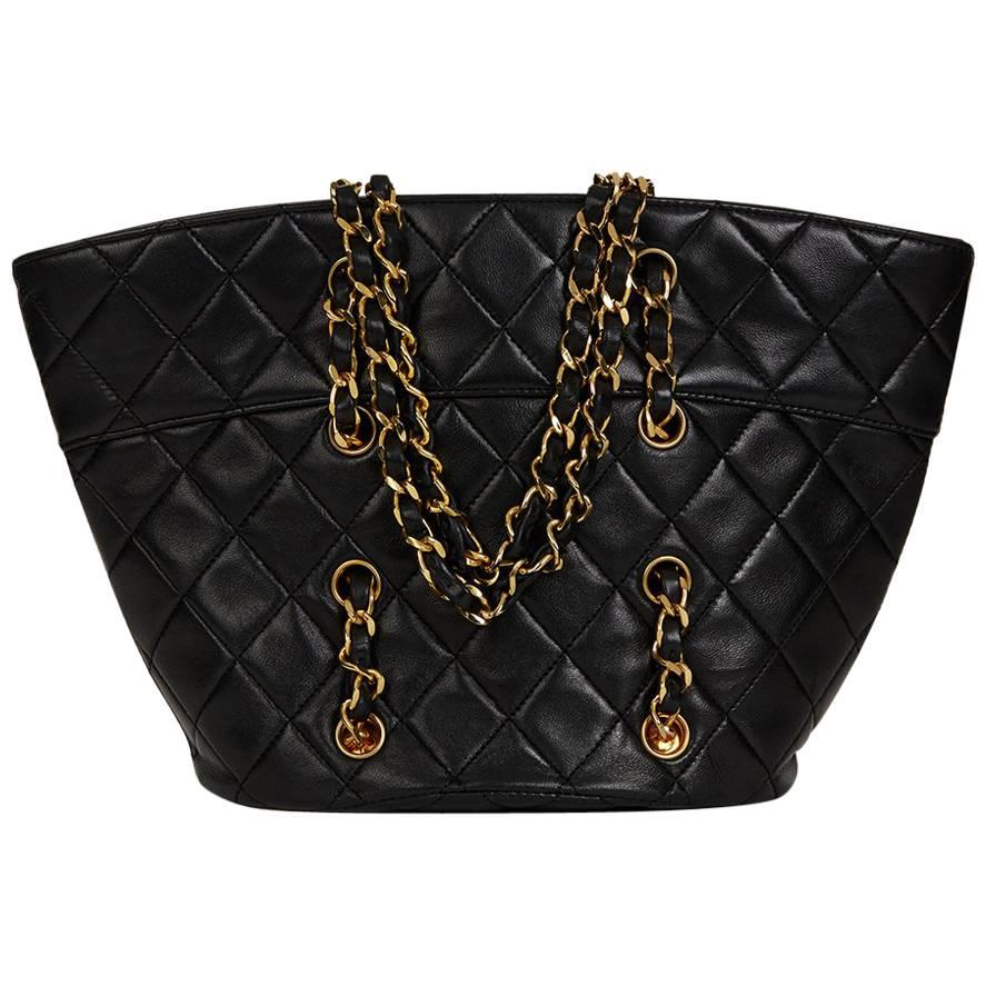 1990 Chanel Black Quilted Lambskin Vintage Bucket Bag
