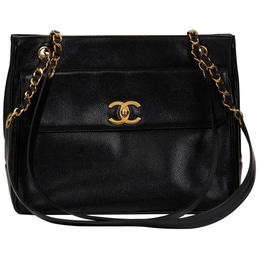 1990s Chanel Black Caviar Leather Vintage Timeless Shoulder Bag