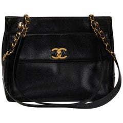 1990s Chanel Black Caviar Leather Vintage Timeless Shoulder Bag