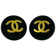 Chanel Vintage Oversized Black Suede CC Logo Iconic Earrings