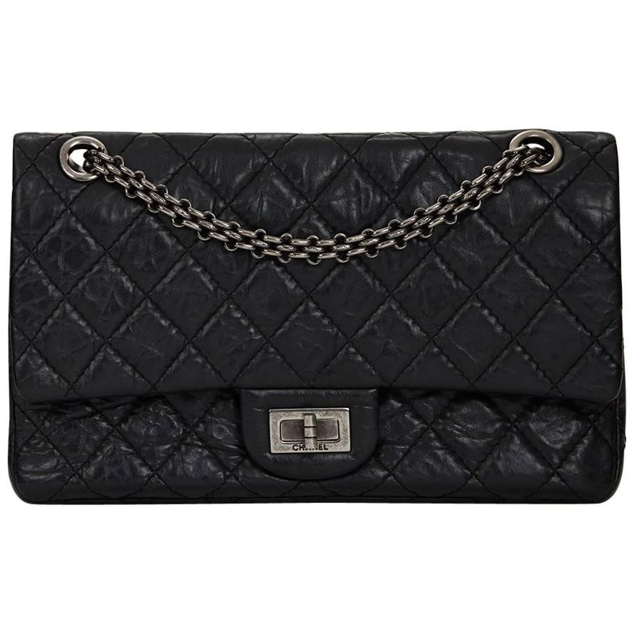 2000s Chanel Black Quilted Aged Calfskin 2.55 Reissue 225 Double Flap Bag