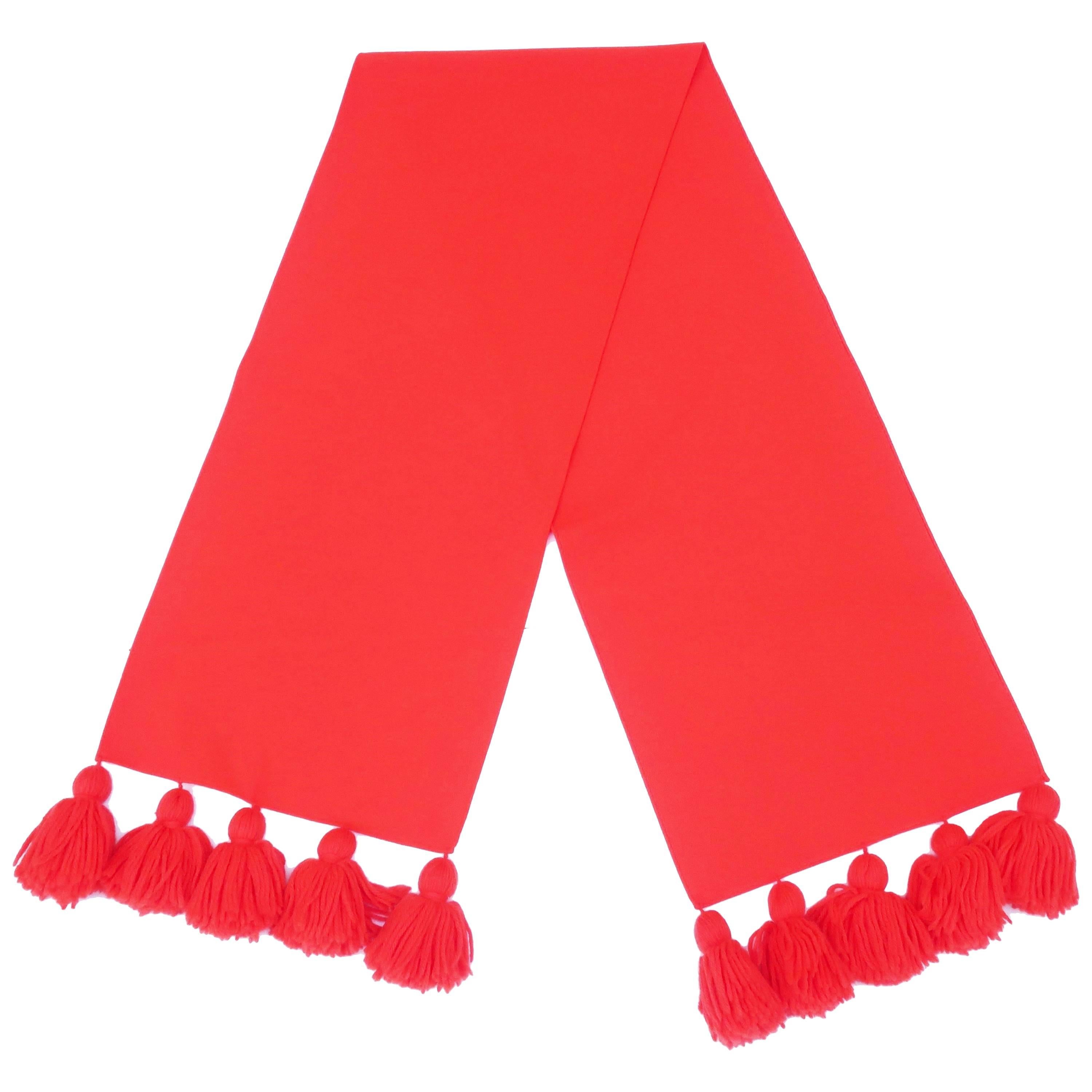 Eye Popping 1960's Neon Red Wool Scarf With Pom Pom Fringe