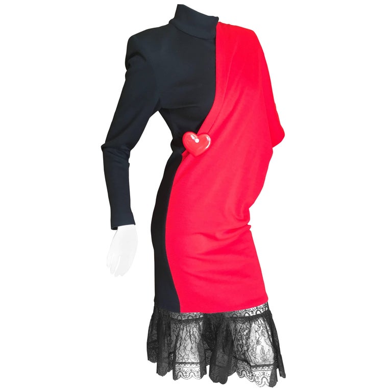 Patrick Kelly Paris Vintage Black Dress with Heart Charm and Red Sash