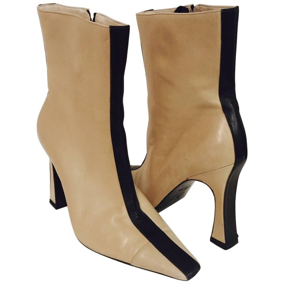 Mod Chanel Black and Tan Ankle Boots With Sculpted Heels and Cap Toes For Sale