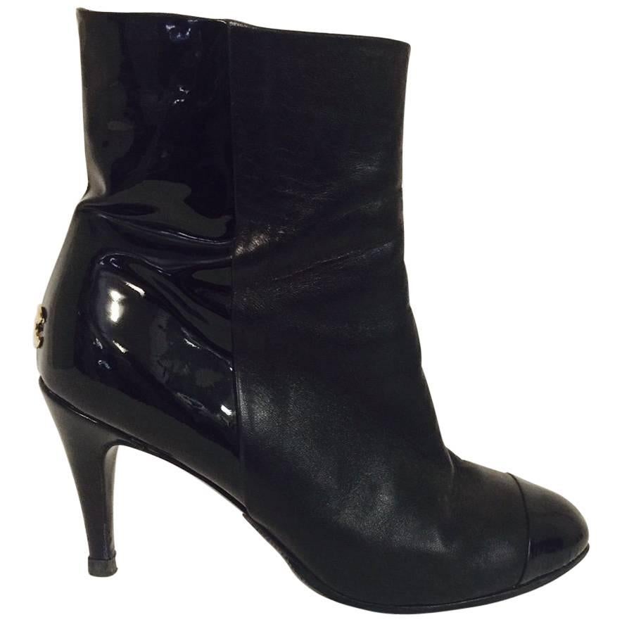 Chanel Black Leather and Patent Ankle Boots With Cap Toes