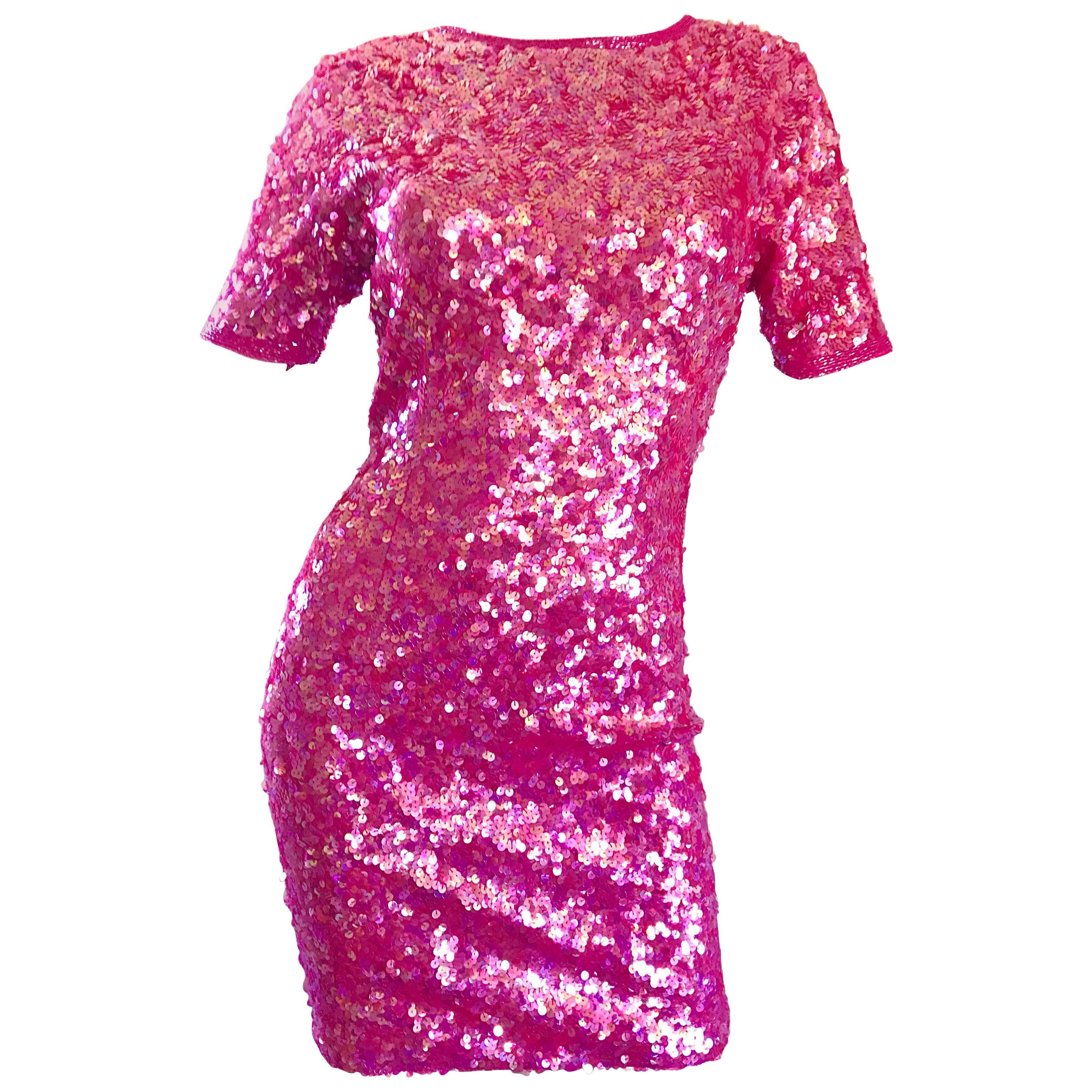 Incredible Vintage Lillie Rubin 1990s Hot Pink Fully Sequined 90s Mini Dress For Sale