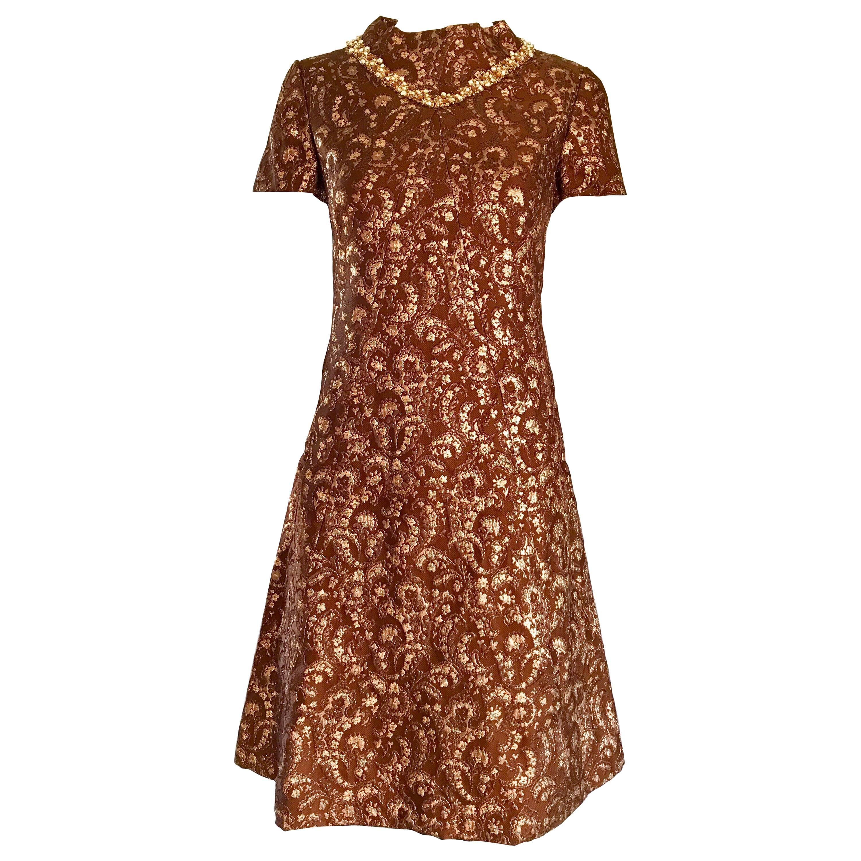 1960s Adele Simspon Brown Rose Gold Copper Silk Brocade Vintage 60s A Line  Dress