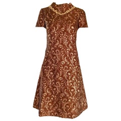 1960s Adele Simspon Brown Rose Gold Copper Silk Brocade Vintage 60s A Line Dress