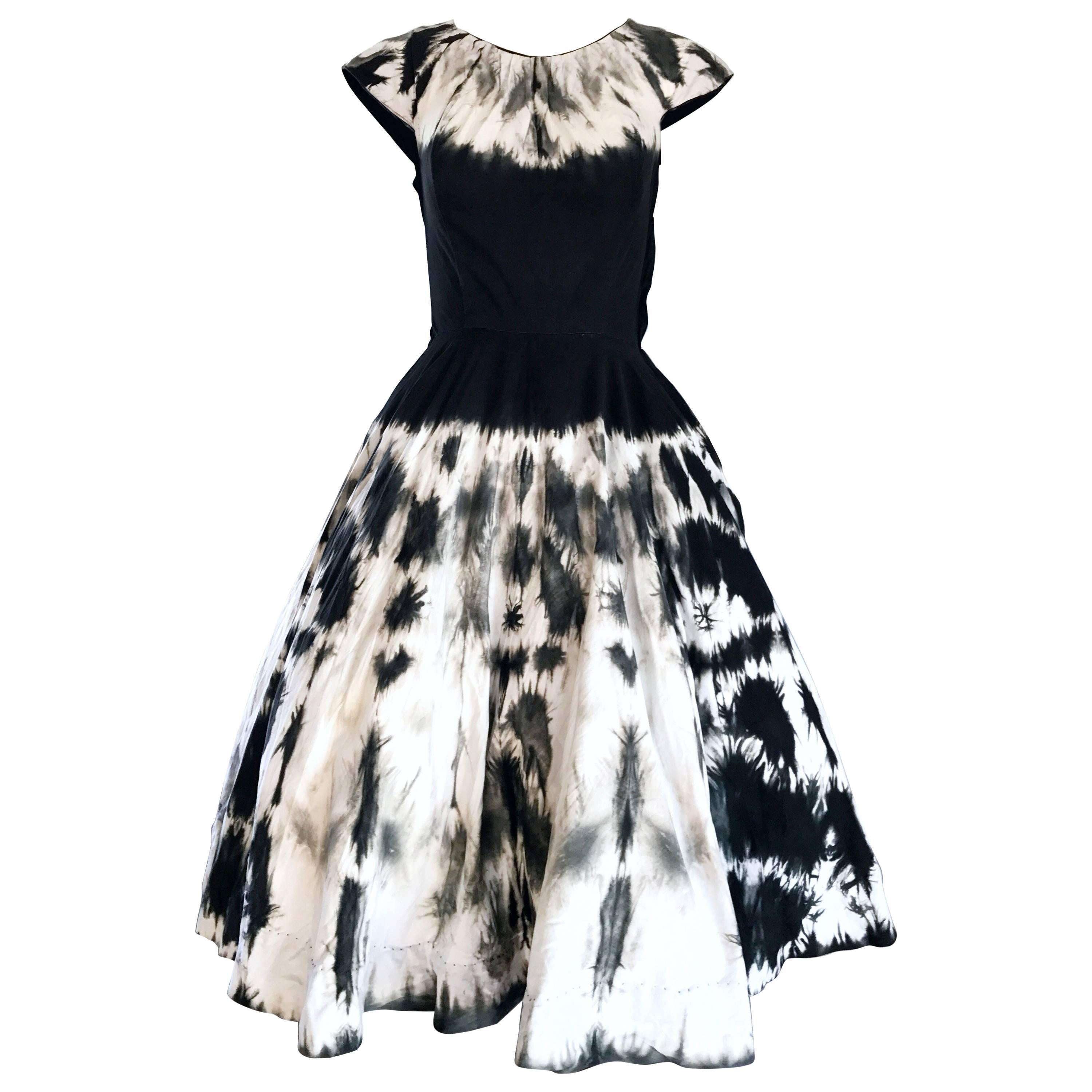1950s Madalyn Miller 1950s Black and White Tie Dye Cotton Chic Vintage 50s Dress