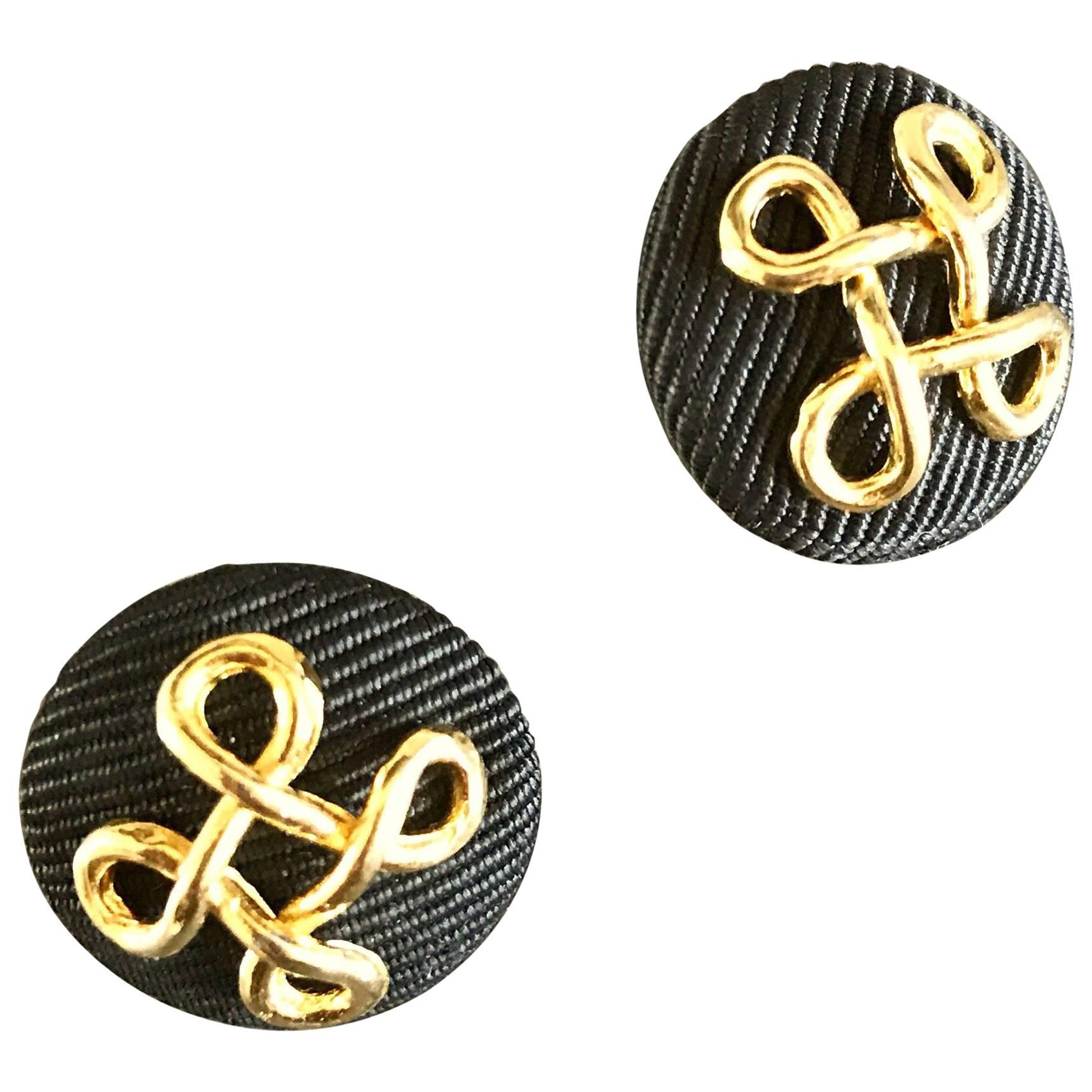 Chanel Brand New Vintage 90s Set of Two Silk Grosgrain and Gold Buttons Earrings