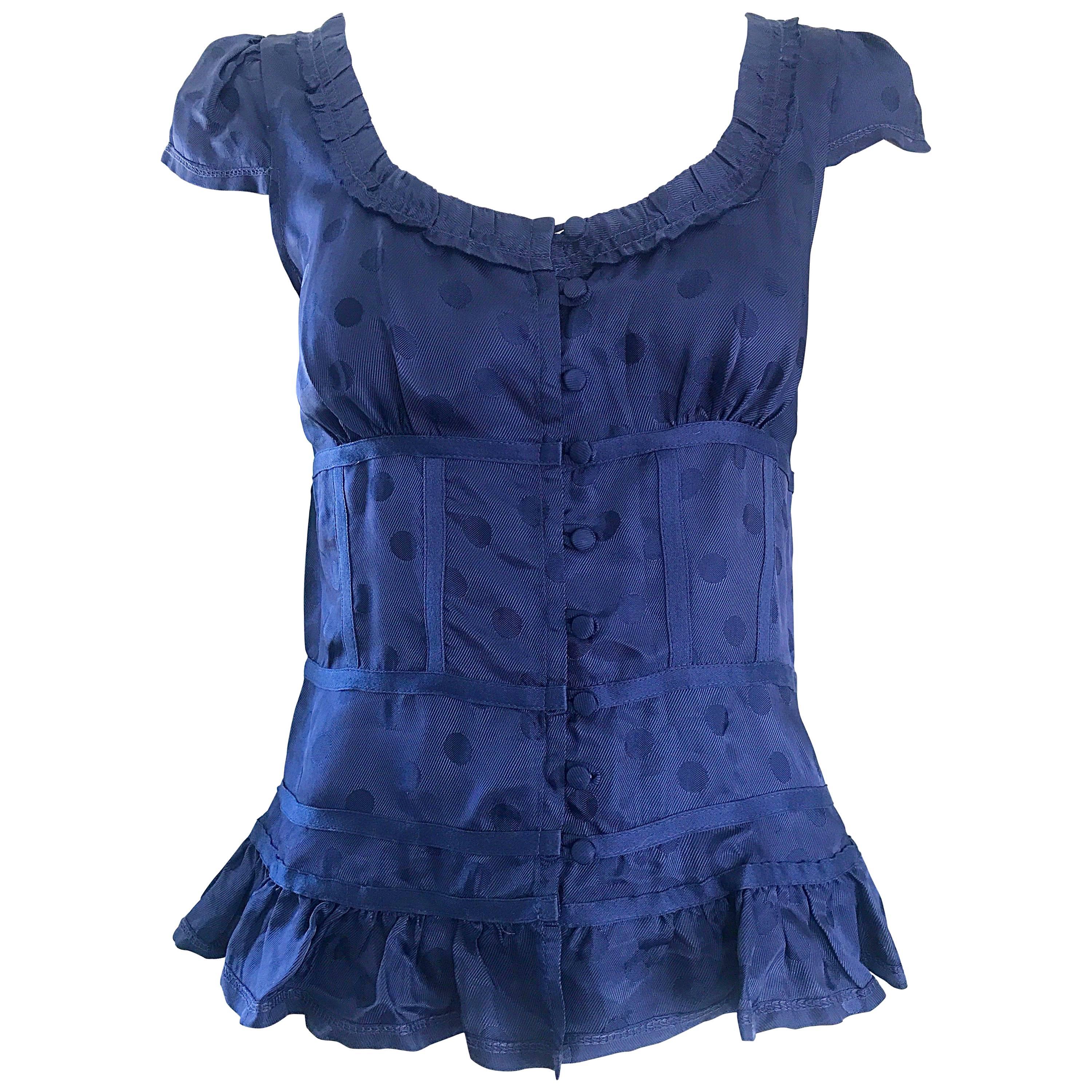 Marc Jacobs Marineblaues Seiden-Top mit gepunkteten Kapuzenärmeln und Kapuzenärmeln Größe 2 / 4 Bluse Top / Hemd im Angebot