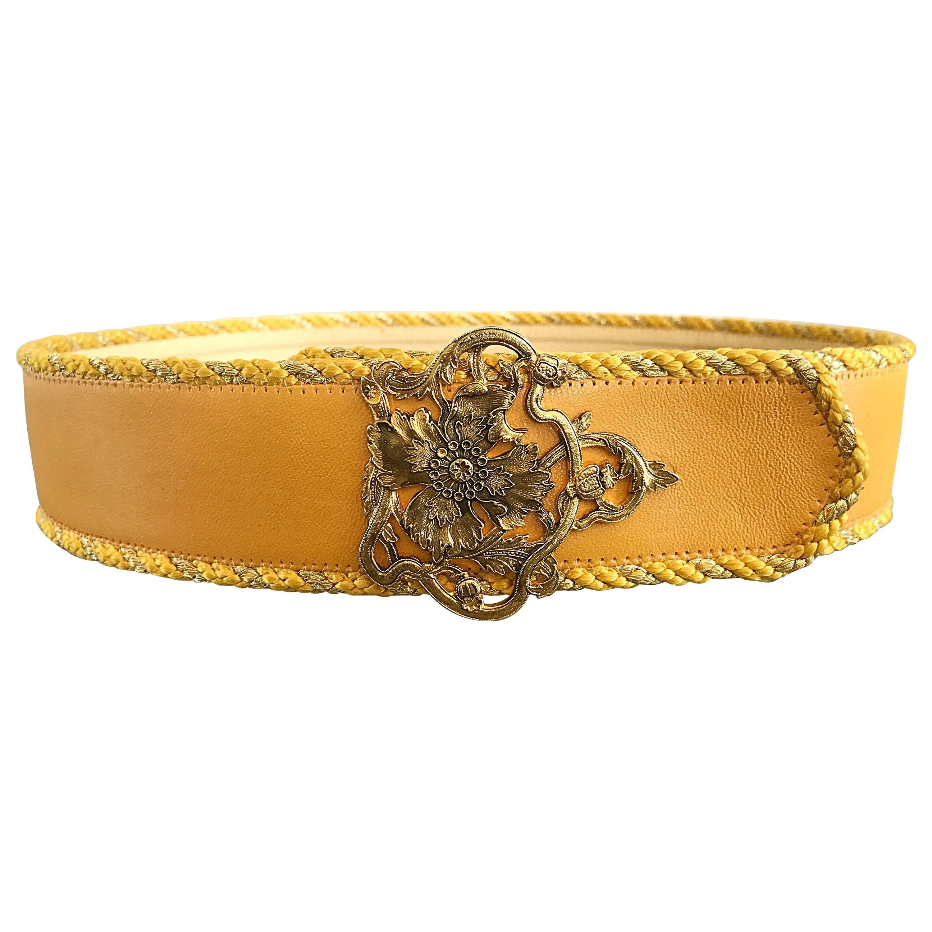 Beautiful Vintage Emanuel Ungaro Marigold Yellow + Gold Leather 90s Flower Belt