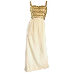 Gorgeous 1960s Joseph Magnin Ivory + Gold Beaded Vintage 60s Wool Evening Gown