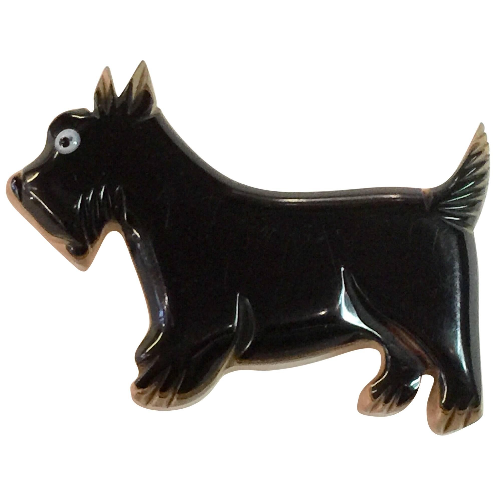 1930s Black Bakelite and Laminated Wood Scotty Dog Pin Brooch For Sale
