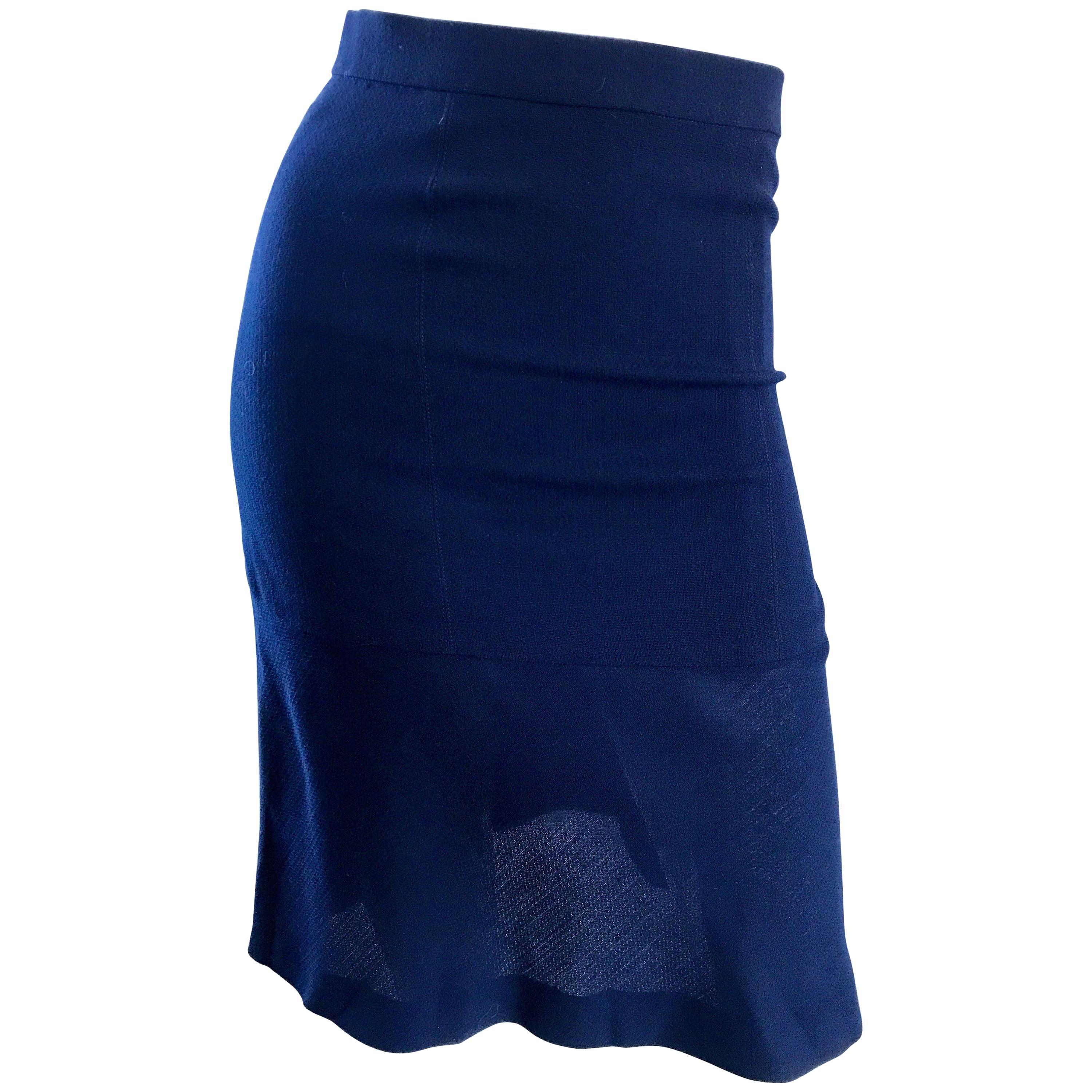 Vintage Chanel 1990s Navy Blue Flounce Hem Virgin Wool High Waisted 90s Skirt