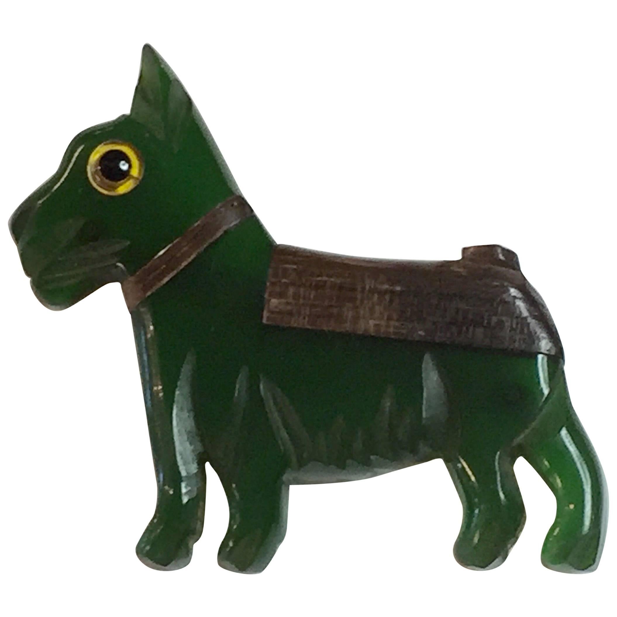 1930s GREEN Bakelite and Laminated Wood Terrier Dog Pin Brooch For Sale