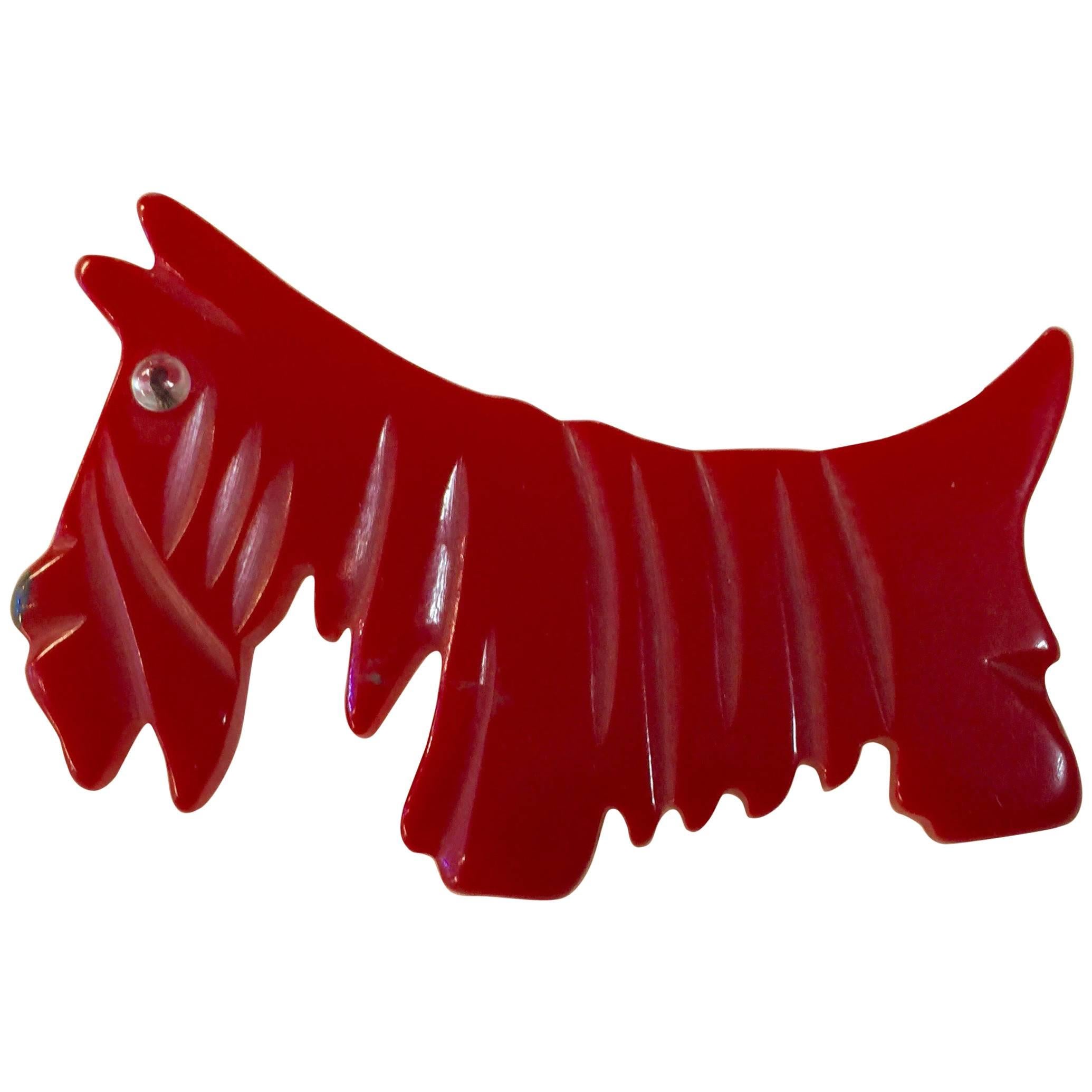 1930s RED Bakelite Scotty Dog Brooch Pin For Sale