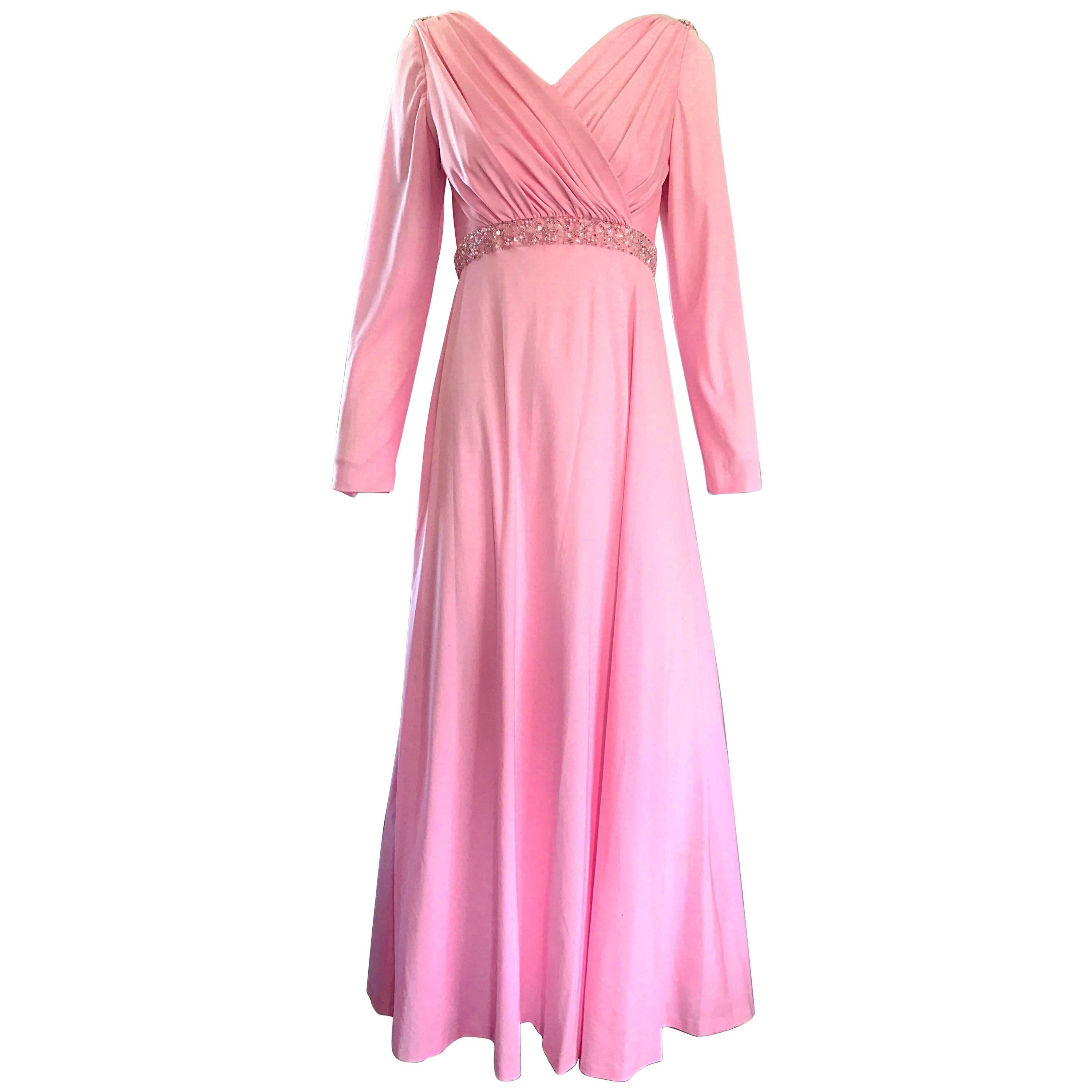 Amazing 1970s Light Pink Grecian Sequined and Beaded Long Sleeve Maxi Dress Gown