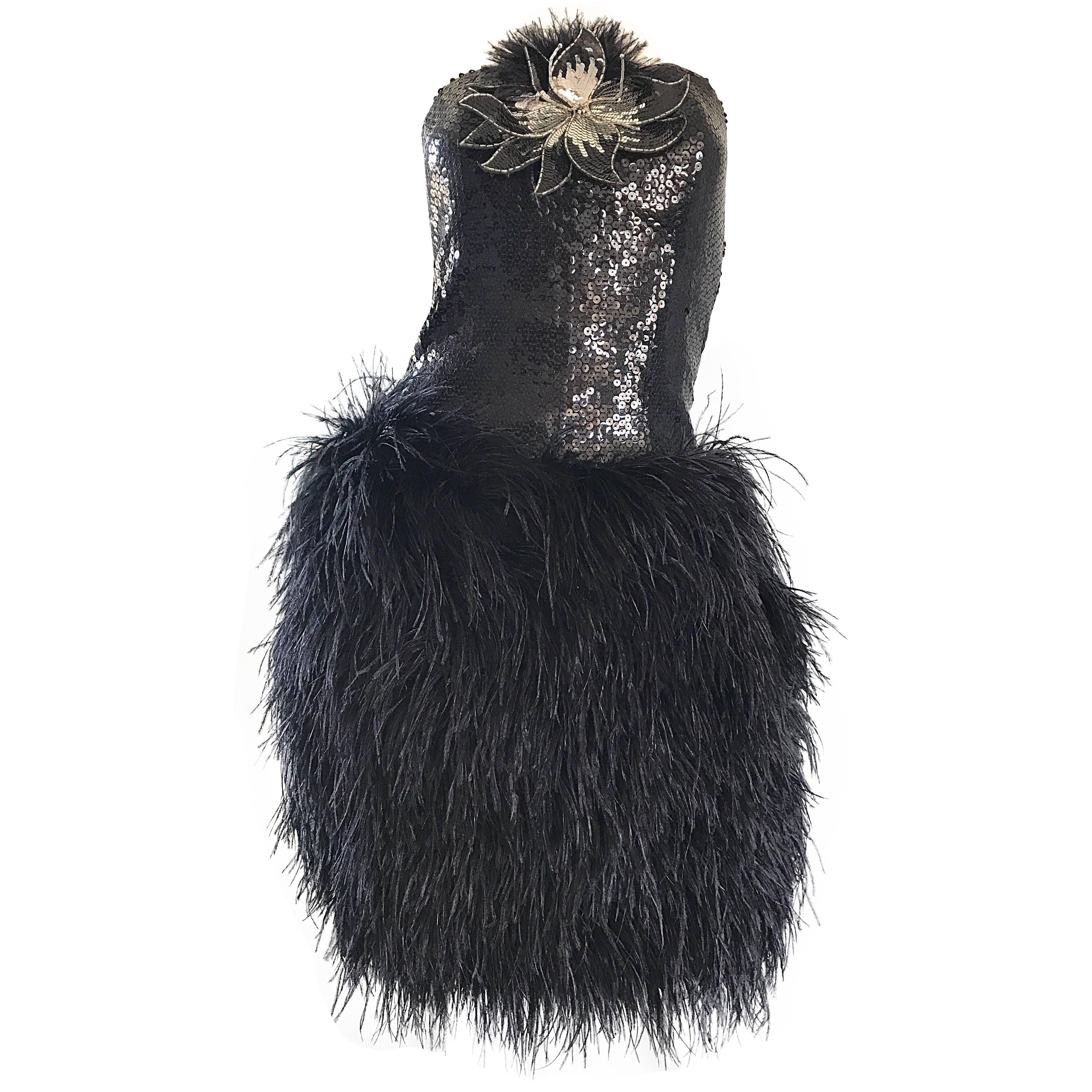 Amazing 1980s Vintage Lillie Rubin Black Sequin Ostrich Feather Strapless Dress For Sale