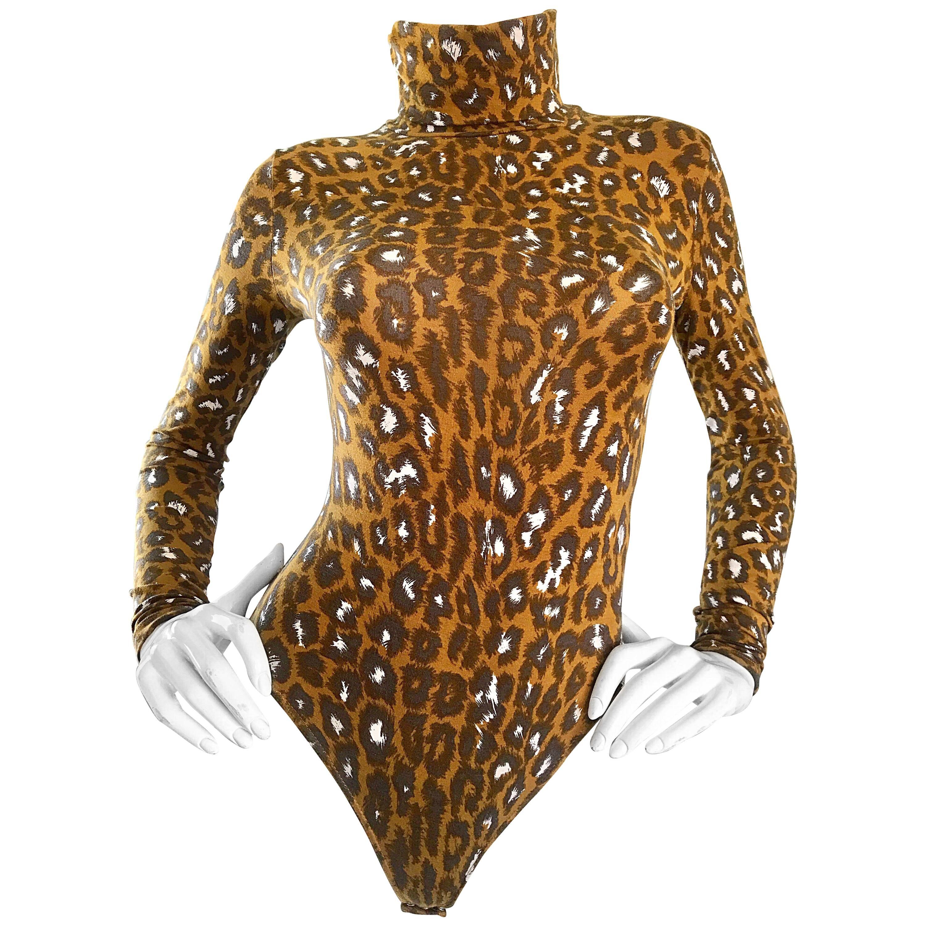 1990s Gianni Versace Leopard Print 90s Vintage Turtleneck Bodysuit Unitard 