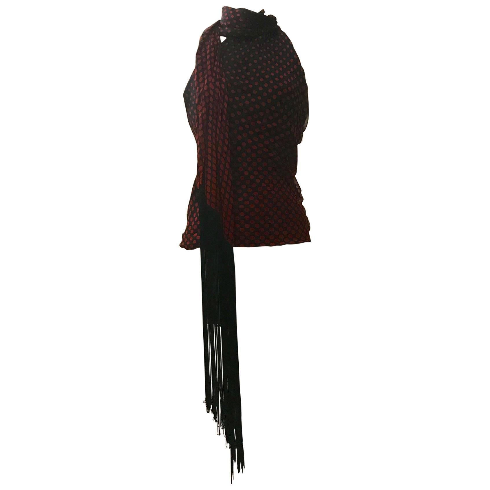 Alexander McQueen Red and Black Silk Polka Dot Fringed Scarf Halter Top, 2007 