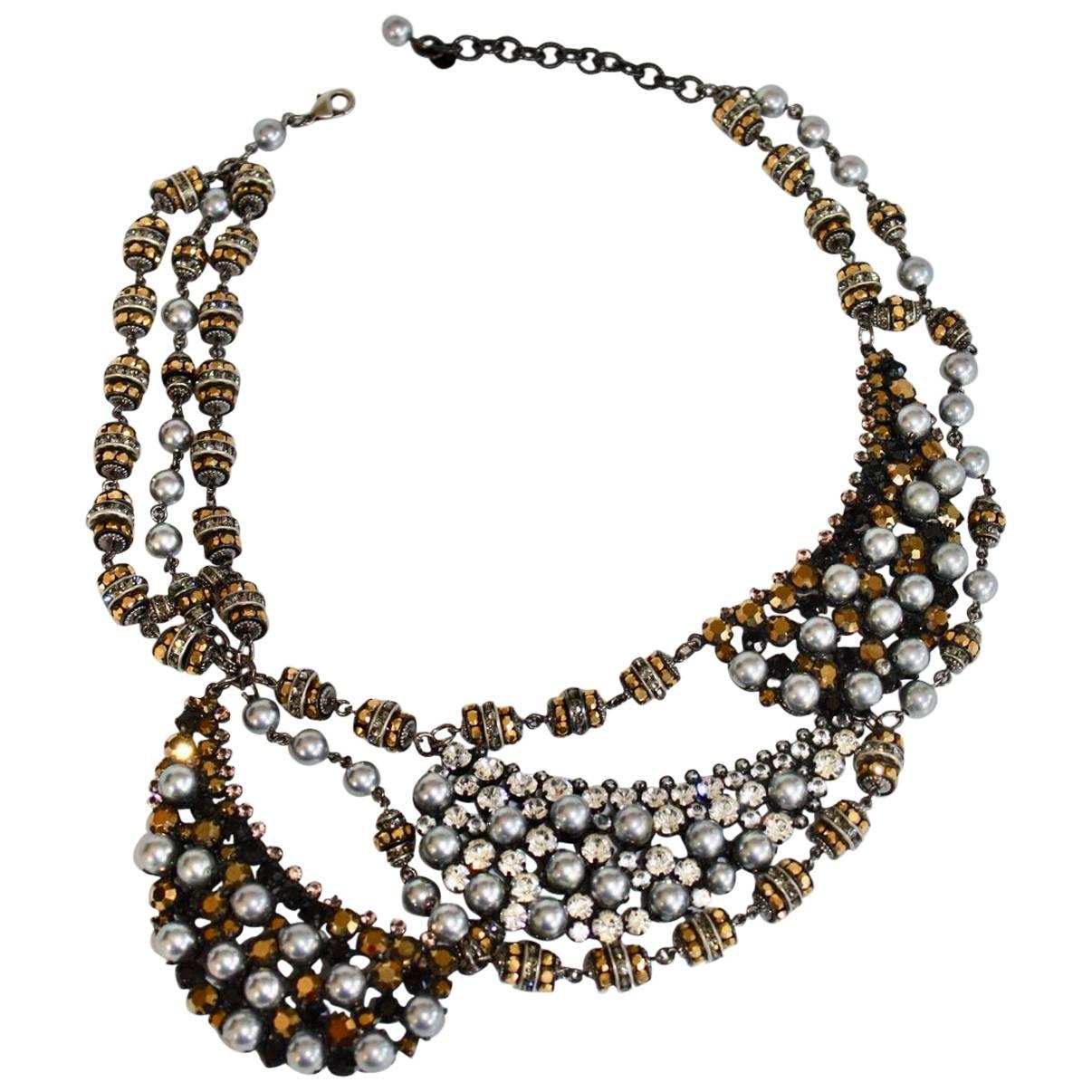 Francoise Montague Donville Grey Pearl and Swarovski Crystal Statement Necklace