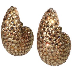 1980's Richard Kerr Nautilus Shaped Gold Pave Crystal Earrings