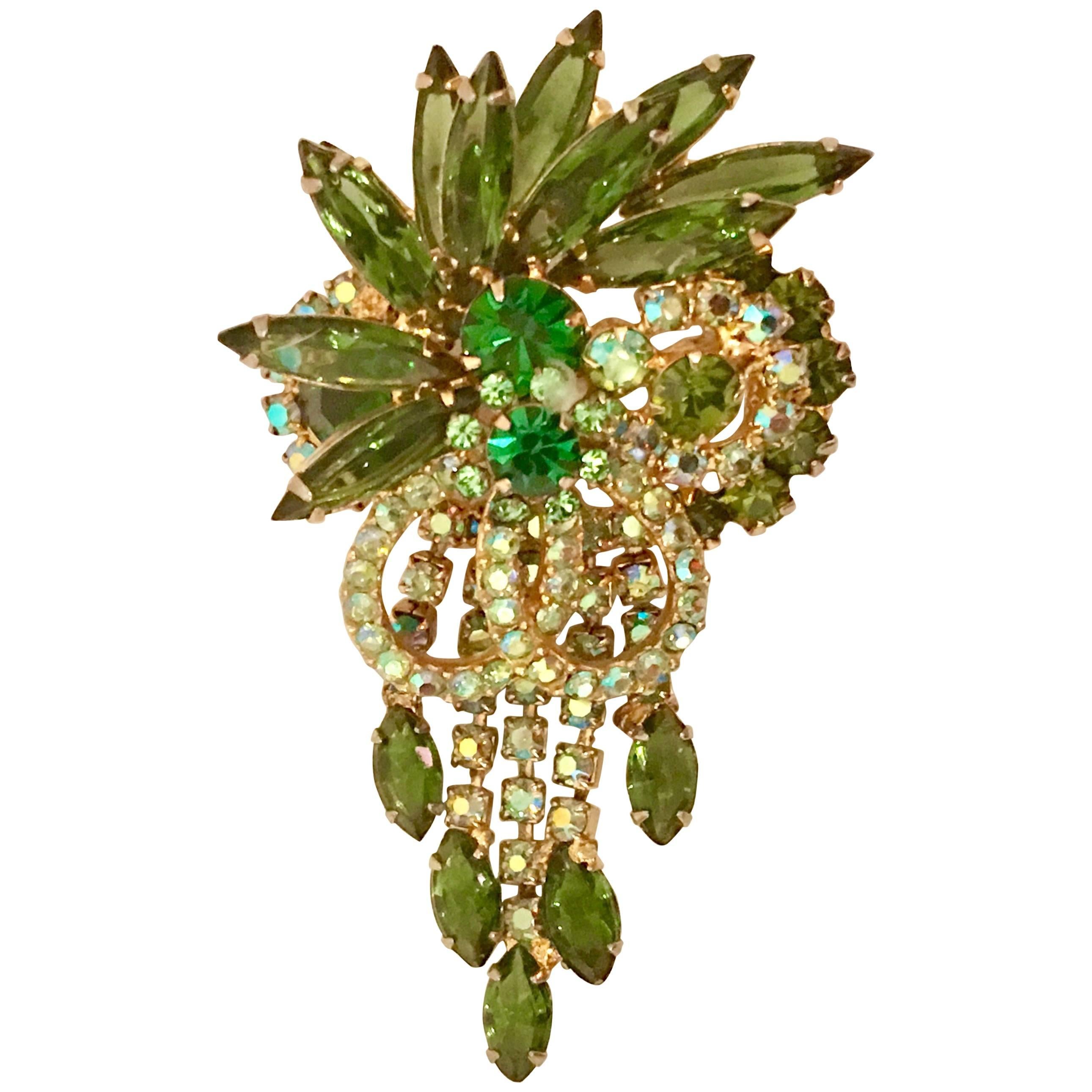 1960'S Juliana D&E Crystal Peridot Dangling Floral Brooch & Necklace Slide