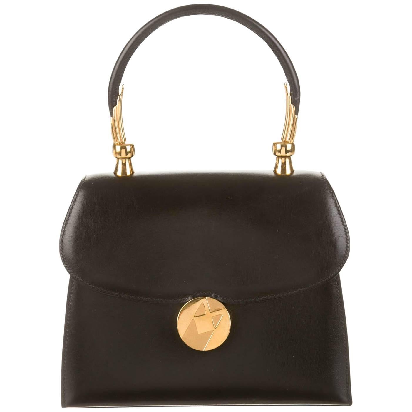 Hermes Black Leather Gold Emblem Kelly Top Handle Satchel Bag