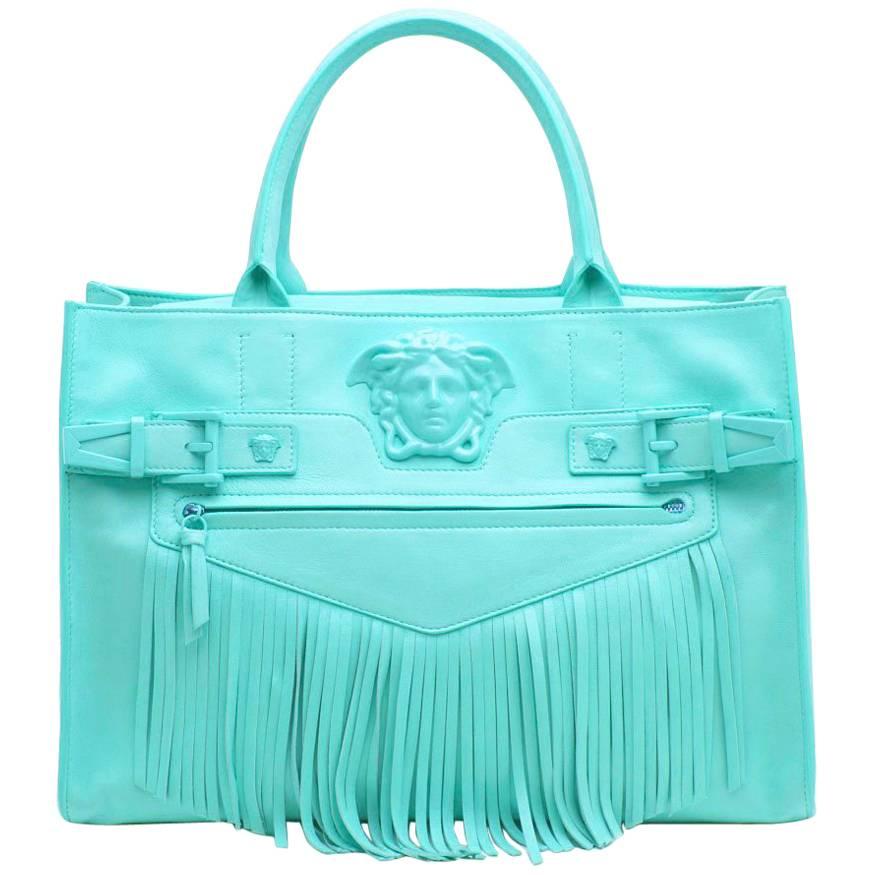 VERSACE AQUA BLUE LEATHER FRINGE PALAZZO SHOULDER BAG New with tags